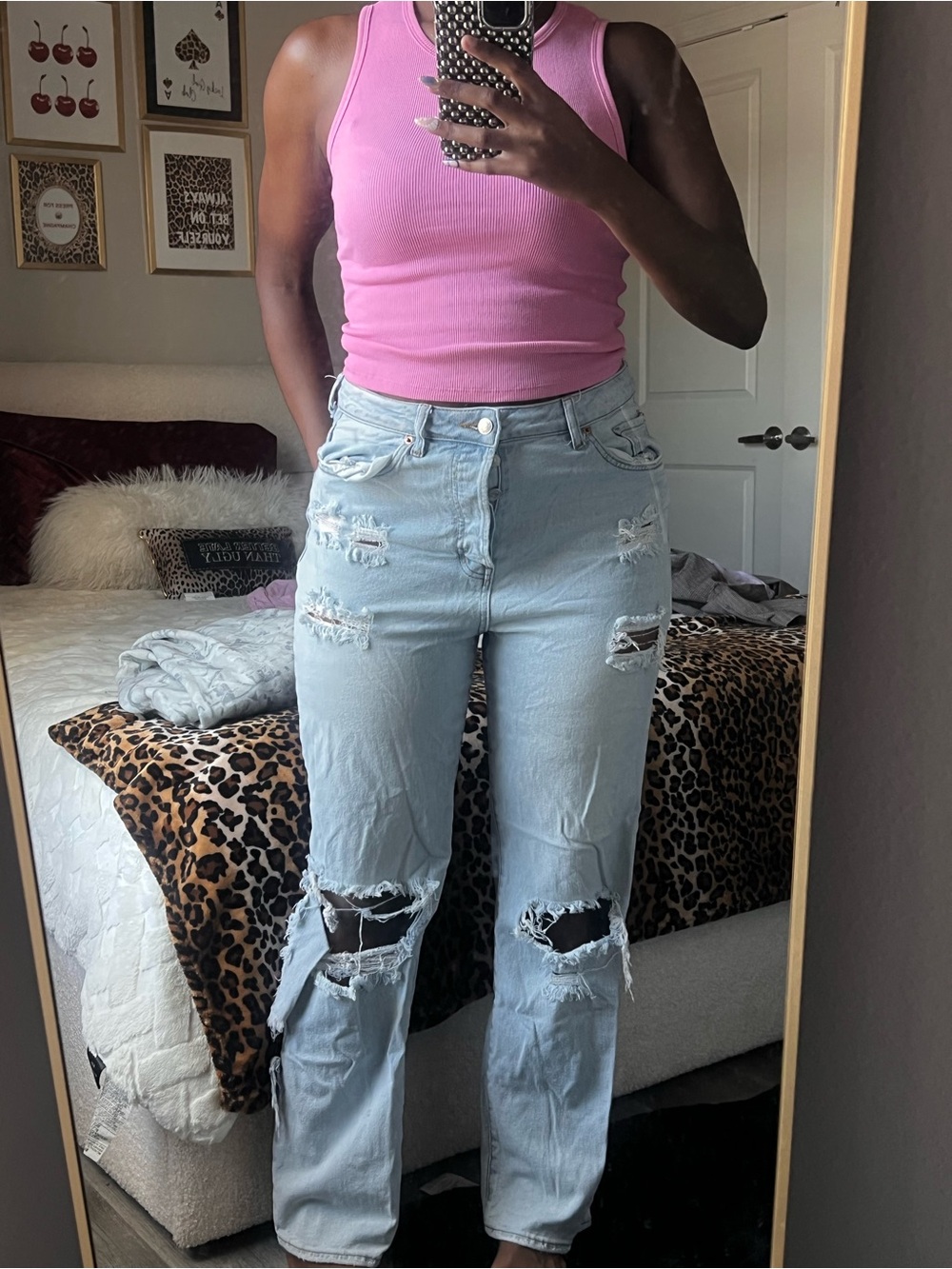 Light Blue Distressed Straight-Leg Jeans - Casual Everyday Style
